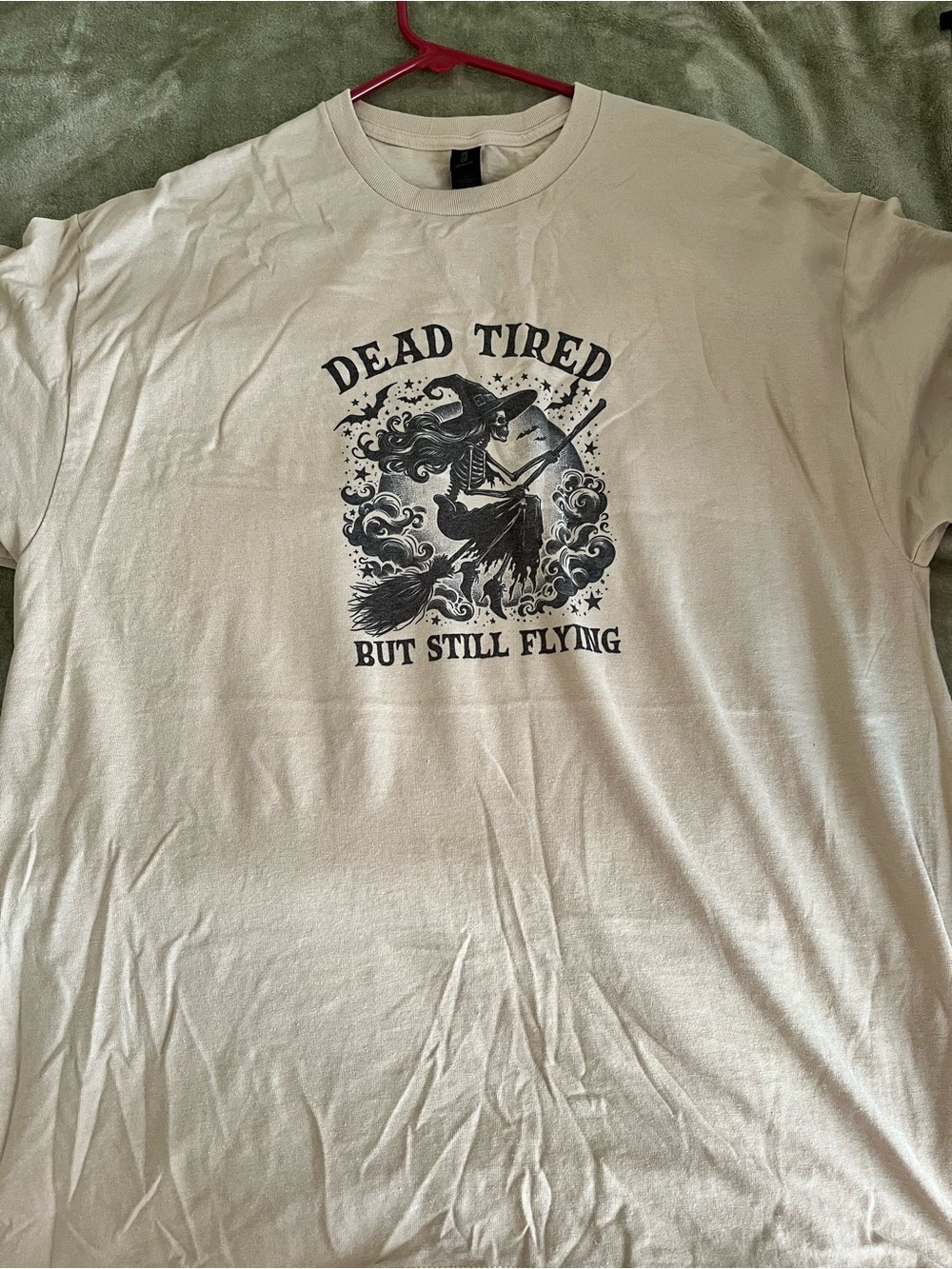 Gildan cream Graphic Tee - 'Dead Tired But Still Flying' Witch Design